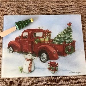 NWT Susan Winget Christmas red truck cutting board, serving tray with spreader.